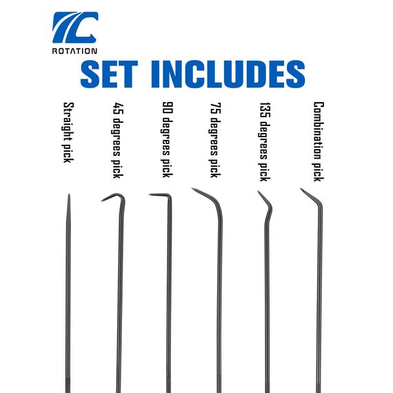 ROTATION Extra langes Präzisions-Haken- und Pick-Set, 6-teiliges Set, Schaft aus Chrom-Vanadium-Stahl, zum Entfernen von Schläuchen und Dichtungen, Auto- und Elektronik-Wartungswerkzeugen
