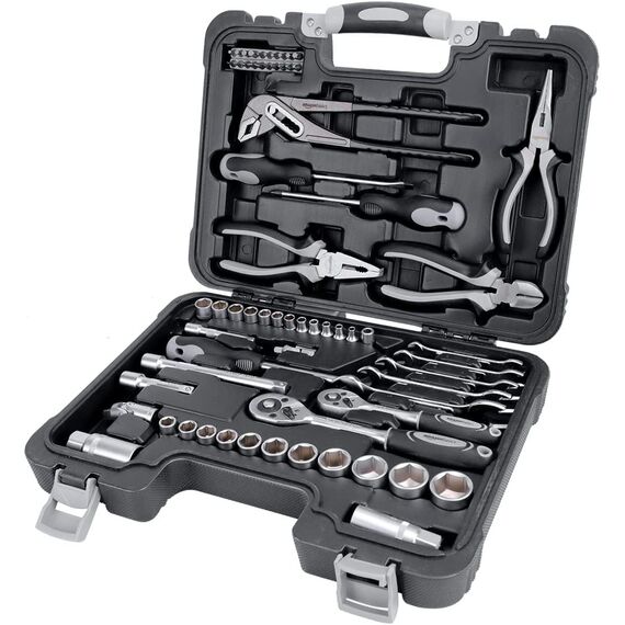 Amazon Basics Werkzeug-Set für den Haushalt, 65 Teile, Schwarz,grau