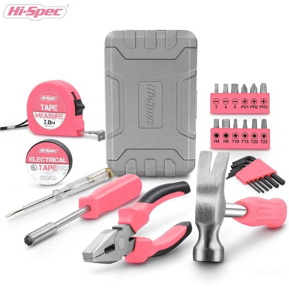 Hi-Spec 24-tlg. Kleiner Werkzeugkoffer für Frauen – Rosa-Mini-Werkzeug-Set mit Hammer und Schraubenzieher Set. Pinke Werkzeugbox ideal für WG-Zimmer und unterwegs