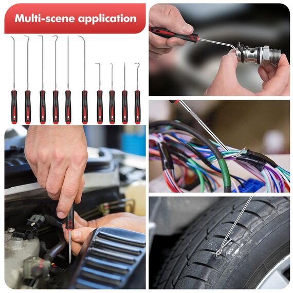 TXXATX 10-Teilig Pick und Haken Set Rot Wellendichtring Werkzeug 24 cm und 16,5 cm Haken Werkzeug Universal Präzision Haken für Öl-Ringe O-Ring Dichtung Auto Schläuchen Demontage Werkzeug