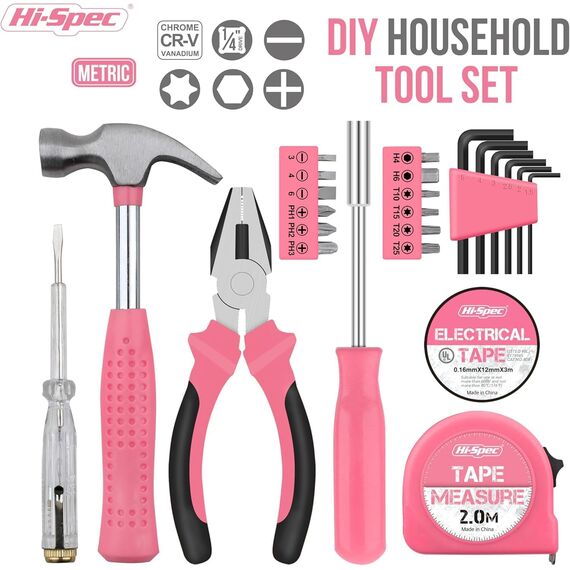 Hi-Spec 24-tlg. Kleiner Werkzeugkoffer für Frauen – Rosa-Mini-Werkzeug-Set mit Hammer und Schraubenzieher Set. Pinke Werkzeugbox ideal für WG-Zimmer und unterwegs