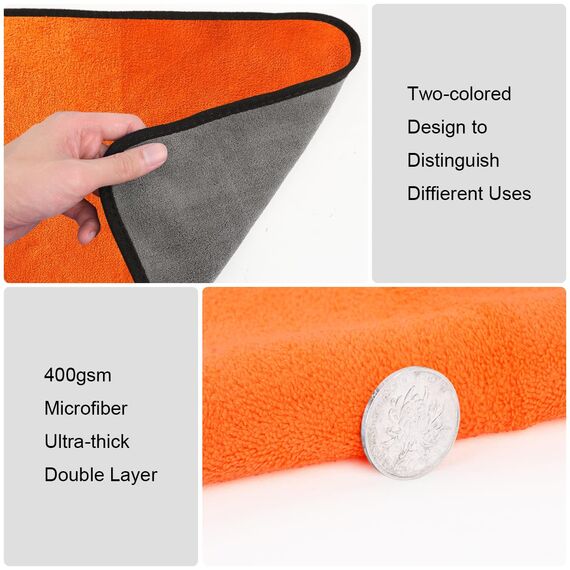 URAQT Mikrofasertücher Auto,3 PCS 400GSM Mikrofasertücher Multifunktionales Motorrad Fusselfreie Handtuch,Reinigungstuch Microfasertuch für Auto Haushalt Küche Fenster Orange Grau- 60x40CM