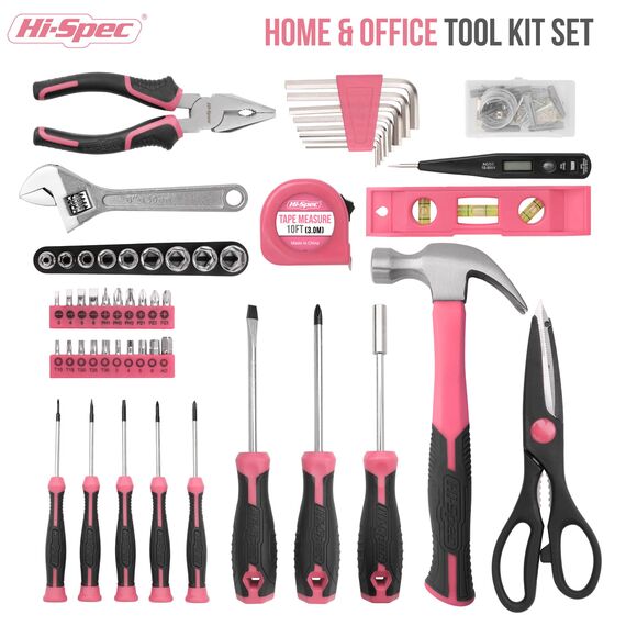 Hi-Spec 54-tlg. Werkzeugkoffer für Frauen Pink mit Klauenhammer, Präzisionschraubenzieher-Set, Nüssen und Bit Set. Handwerkzeug in Rosa für Projekte in Haushalt