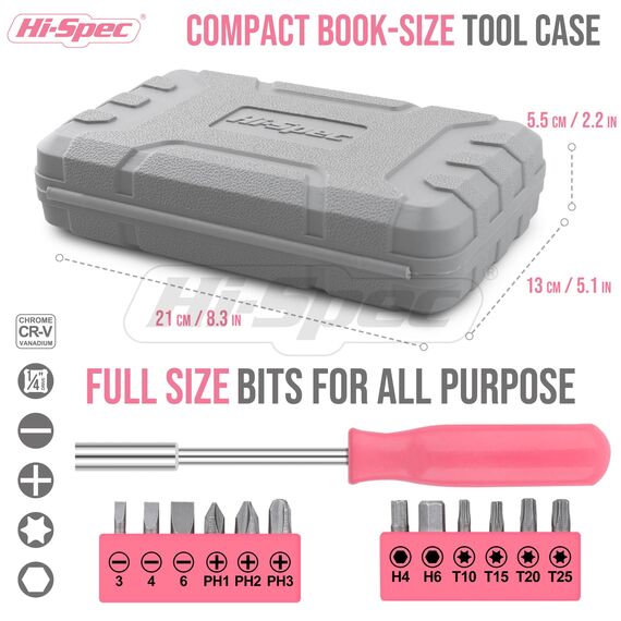 Hi-Spec Werkzeugset in Pink für Frauen - Komplettset für Heimwerkerinnen mit Hammer, Zange, Schraubendreher, Bits, Maßband und Wasserwaage - Ideal für Haushalt und Geschenk
