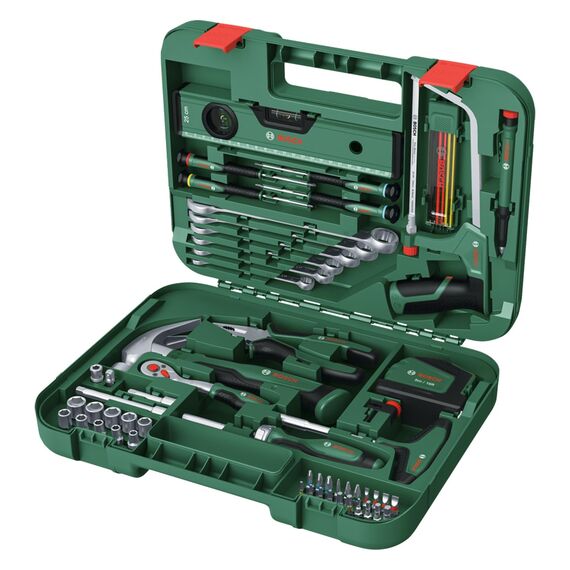 Bosch Werkzeug-Set 64-teilig (vielseitige, ergonomische Werkzeuge aus hochwertigen Materialien; Zange; Schraubenschlüssel; Schraubendreher; Ratsche; Messwerkzeuge; Säge; Hammer; Tieflochmarker)