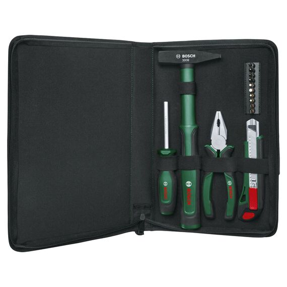 Bosch Easy Starter Handwerkzeug-Set, 14-teilig (Einstiegs-Werkzeug-Set für allgemeine Haushalts- und Heimwerkerarbeiten; Kombizange, Schraubendreher, Cuttermesser, Hammer; 10 Bits)