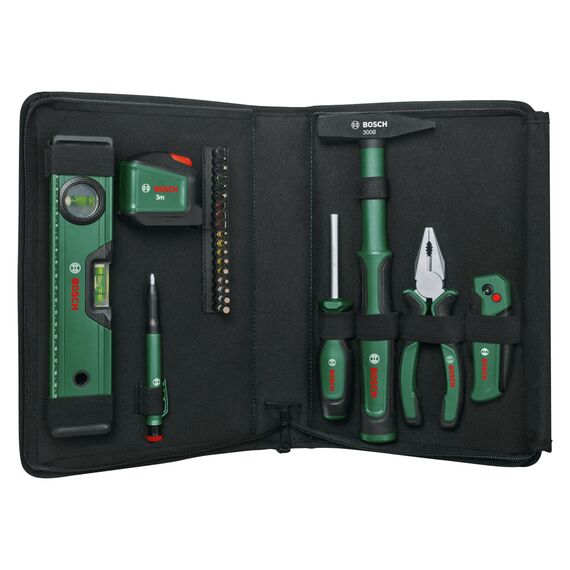 Bosch Universal-Handwerkzeug-Set, 25-teilig (vielseitiges Werkzeug-Set für allgemeine Arbeiten rund ums Haus; Klappmesser; Kombizange; Maßband; Wasserwaage und mehr) - Amazon Edition
