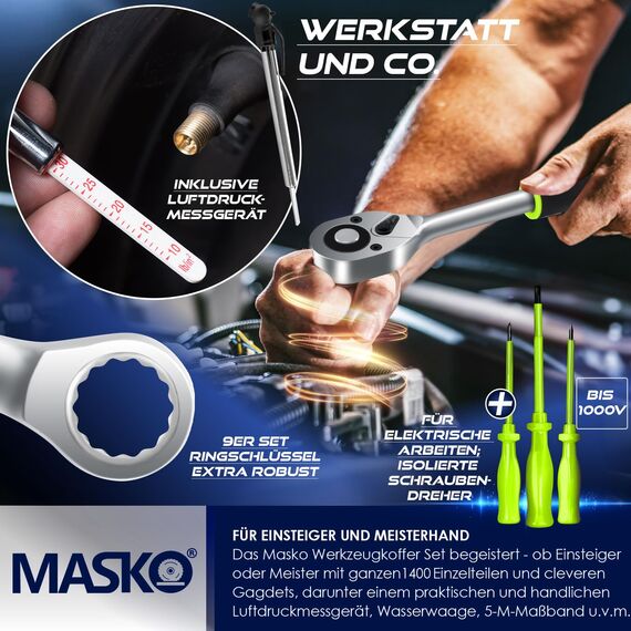 MASKO® Werkzeugkoffer 1400-teilig gefüllt | Werkzeugset im Aluminiumkoffer | Werkzeugkasten mit Rollen | Werkzeugkiste Haushalt, Haus, Hobby, KFZ | Trolley-Funktion | Profi Werkzeugwagen Handwerkzeug