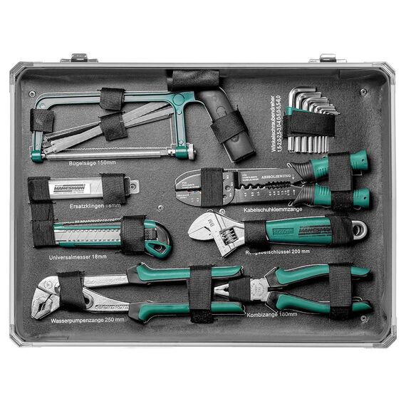 Brüder Mannesmann Werkzeugkoffer, 124-teilig, aus Aluminium - Werkzeugsatz mit Schraubendrehern, Zangen, Bitsatz, Steckschlüsselsatz, Säge und mehr - Werkzeug aus Chrom-Vanadium-Stahl | M29072