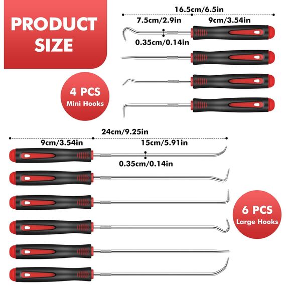 TXXATX 10-Teilig Pick und Haken Set Rot Wellendichtring Werkzeug 24 cm und 16,5 cm Haken Werkzeug Universal Präzision Haken für Öl-Ringe O-Ring Dichtung Auto Schläuchen Demontage Werkzeug