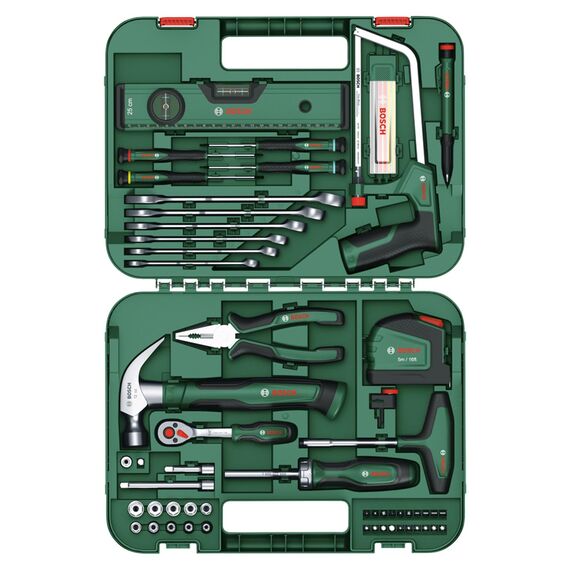 Bosch Werkzeug-Set 64-teilig (vielseitige, ergonomische Werkzeuge aus hochwertigen Materialien; Zange; Schraubenschlüssel; Schraubendreher; Ratsche; Messwerkzeuge; Säge; Hammer; Tieflochmarker)