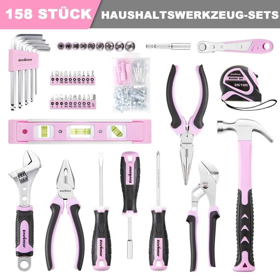 ENVENTOR Kleiner Werkzeugkoffer für Frauen, Haushalts Werkzeug-Set, Werkzeugkasten Rosa, Universal Komplett mit Werkzeuge Handwerkzeug, Werkzeugkiste Bestückt 158-tlg, für Haushalt DIY