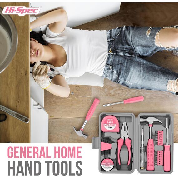 Hi-Spec 24-tlg. Kleiner Werkzeugkoffer für Frauen – Rosa-Mini-Werkzeug-Set mit Hammer und Schraubenzieher Set. Pinke Werkzeugbox ideal für WG-Zimmer und unterwegs