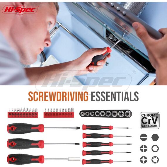 Hi-Spec 54-tlg. Werkzeugkoffer gefüllt mit Klauenhammer, Bit set, Präzisionschraubenzieherset, Nüssen und weiteren Handwerkzeugen in einem perfekten Werkzeugset für den Haushalt