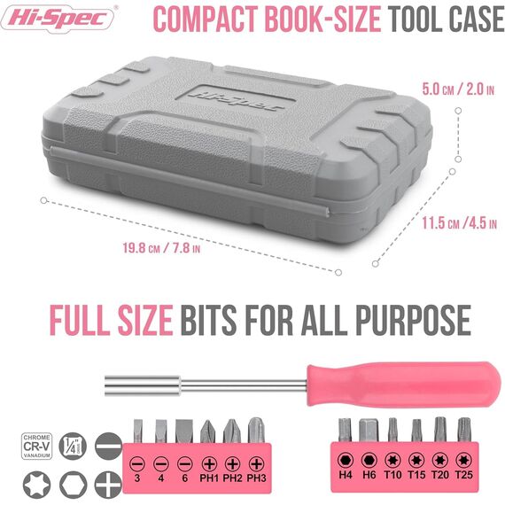 Hi-Spec 24-tlg. Kleiner Werkzeugkoffer für Frauen – Rosa-Mini-Werkzeug-Set mit Hammer und Schraubenzieher Set. Pinke Werkzeugbox ideal für WG-Zimmer und unterwegs