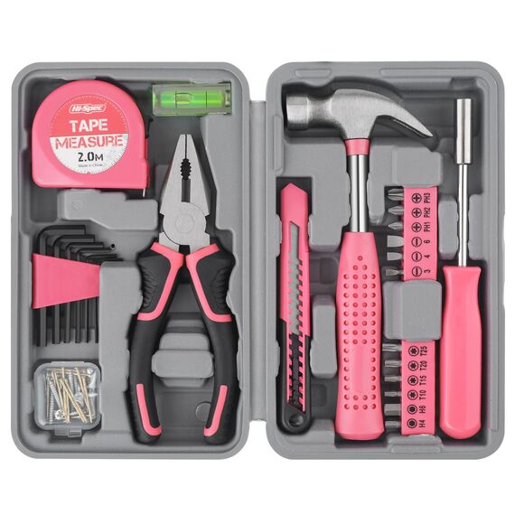 Hi-Spec Werkzeugset in Pink für Frauen - Komplettset für Heimwerkerinnen mit Hammer, Zange, Schraubendreher, Bits, Maßband und Wasserwaage - Ideal für Haushalt und Geschenk