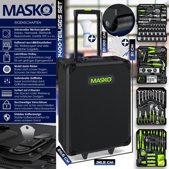 MASKO® Werkzeugkoffer 1400-teilig gefüllt | Werkzeugset im Aluminiumkoffer | Werkzeugkasten mit Rollen | Werkzeugkiste Haushalt, Haus, Hobby, KFZ | Trolley-Funktion | Profi Werkzeugwagen Handwerkzeug