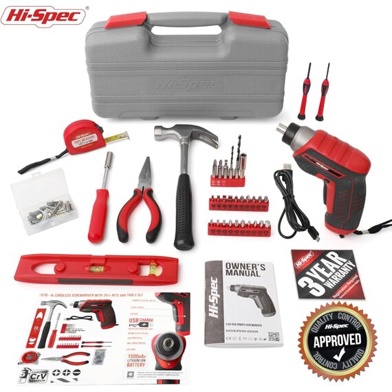Hi-Spec 35-tlg Rotes Heimwerker-Werkzeugset mit wiederaufladbarem USB-Akkuschrauber, werkzeugkoffer klein, Gefüllt mit Akkubohrer, Bohrmaschine, Hammer und schraubendreher elektrisch.