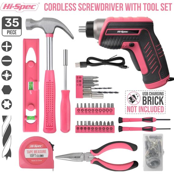 Hi-Spec 35-teiliges Pink-Rosa Heimwerker Werkzeug-set mit wiederaufladbarem USB-Akkuschrauber. Für Reparaturen und Wartungen in einem praktischen Werkzeugkoffer – Für Frauen und Mädchen