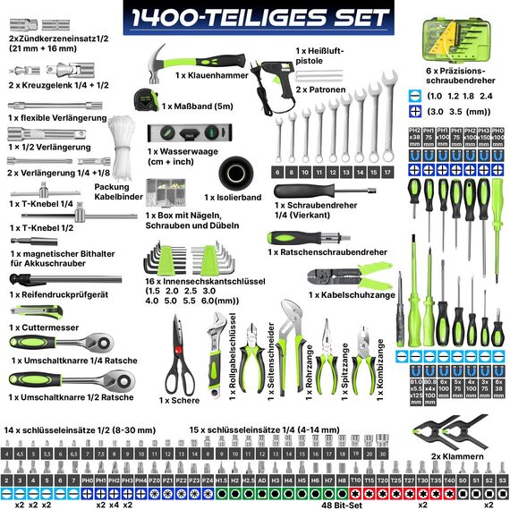 MASKO® Werkzeugkoffer 1400-teilig gefüllt | Werkzeugset im Aluminiumkoffer | Werkzeugkasten mit Rollen | Werkzeugkiste Haushalt, Haus, Hobby, KFZ | Trolley-Funktion | Profi Werkzeugwagen Handwerkzeug