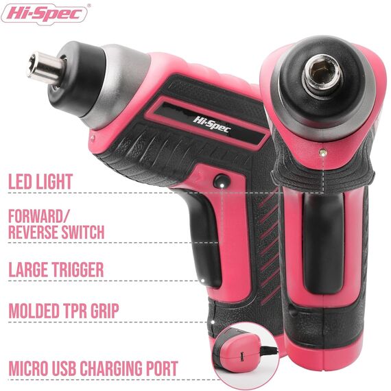 Hi-Spec 35-teiliges Pink-Rosa Heimwerker Werkzeug-set mit wiederaufladbarem USB-Akkuschrauber. Für Reparaturen und Wartungen in einem praktischen Werkzeugkoffer – Für Frauen und Mädchen