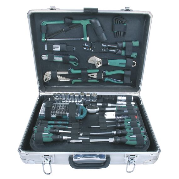 Brüder Mannesmann Werkzeugkoffer, 124-teilig, aus Aluminium - Werkzeugsatz mit Schraubendrehern, Zangen, Bitsatz, Steckschlüsselsatz, Säge und mehr - Werkzeug aus Chrom-Vanadium-Stahl | M29072