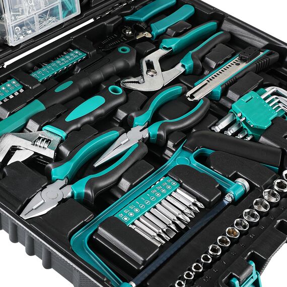 TLGREEN Werkzeugkoffer Gefüllt 198tlg Werkzeugkasten Haushalts Werkzeug Set mit Ratsche Steckschlüsselsatz Schraubenzieher Universal Werkzeug-Sets