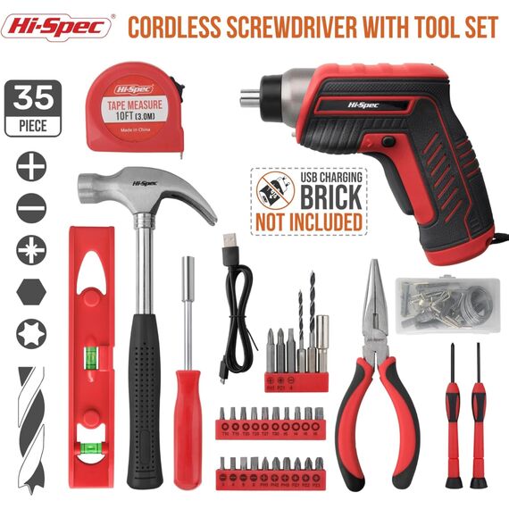 Hi-Spec 35-tlg Rotes Heimwerker-Werkzeugset mit wiederaufladbarem USB-Akkuschrauber, werkzeugkoffer klein, Gefüllt mit Akkubohrer, Bohrmaschine, Hammer und schraubendreher elektrisch.