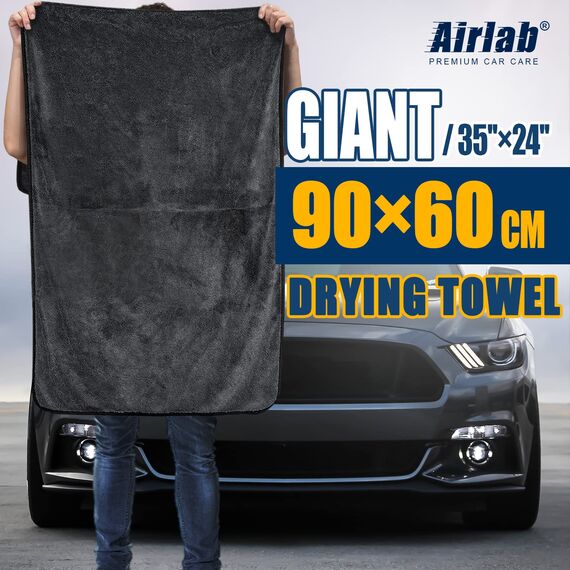 Airlab Mikrofaser Trockentuch XXL, Mikrofasertuch Auto Tuch 90x60 cm zum Trocknen, Saugstarkes Poliertuch Reinigungstuch für Autopflege, Fusselfrei & Kratzfrei, Schwarz