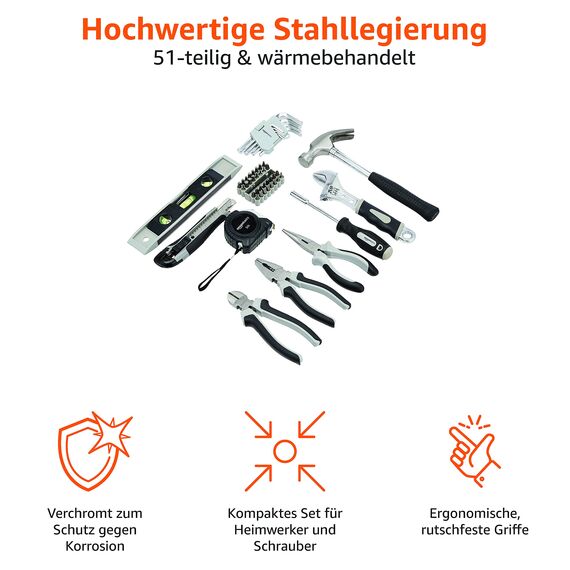 Amazon Basics Werkzeug-Set für den Haushalt, 51 teile, Schwarz