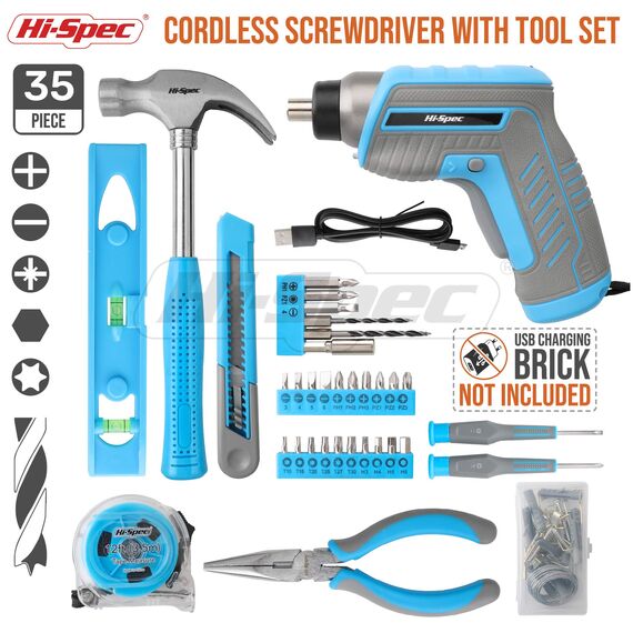 Hi-Spec 35-teiliges blaues Heimwerker-Werkzeugset mit wiederaufladbarem USB-Akkuschrauber. Für Reparaturen und Wartungen in einem praktischen Koffer