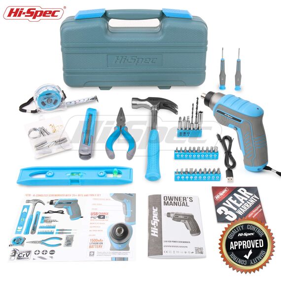 Hi-Spec 35-teiliges blaues Heimwerker-Werkzeugset mit wiederaufladbarem USB-Akkuschrauber. Für Reparaturen und Wartungen in einem praktischen Koffer