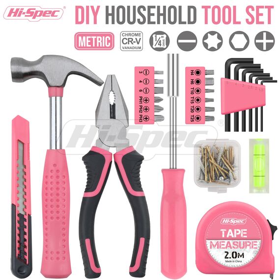 Hi-Spec Werkzeugset in Pink für Frauen - Komplettset für Heimwerkerinnen mit Hammer, Zange, Schraubendreher, Bits, Maßband und Wasserwaage - Ideal für Haushalt und Geschenk