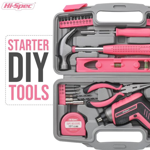 Hi-Spec 35-teiliges Pink-Rosa Heimwerker Werkzeug-set mit wiederaufladbarem USB-Akkuschrauber. Für Reparaturen und Wartungen in einem praktischen Werkzeugkoffer – Für Frauen und Mädchen
