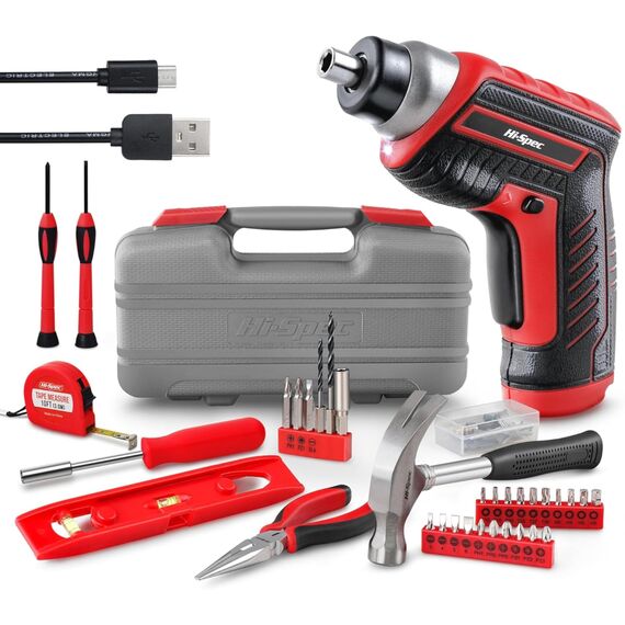 Hi-Spec 35-tlg Rotes Heimwerker-Werkzeugset mit wiederaufladbarem USB-Akkuschrauber, werkzeugkoffer klein, Gefüllt mit Akkubohrer, Bohrmaschine, Hammer und schraubendreher elektrisch.