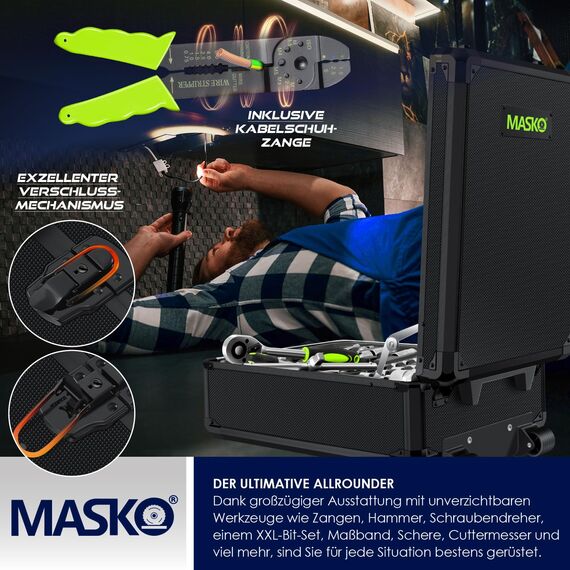 MASKO® Werkzeugkoffer 1400-teilig gefüllt | Werkzeugset im Aluminiumkoffer | Werkzeugkasten mit Rollen | Werkzeugkiste Haushalt, Haus, Hobby, KFZ | Trolley-Funktion | Profi Werkzeugwagen Handwerkzeug