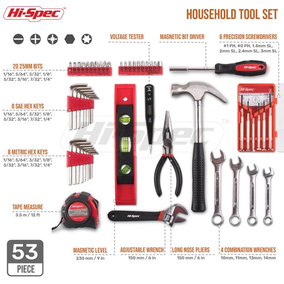 Hi-Spec 53-tlg. Werkzeugset für den Haushalt, gefüllter Werkzeugkoffer mit Hammer und Schraubenzieher-Set, Zange，Wasserwaage, Maulschlüssel und mehr in einem Werkzeugkasten sicher verstaut.