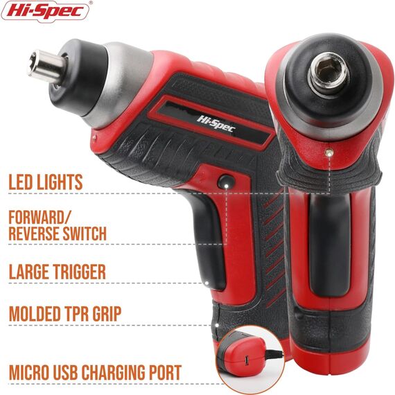 Hi-Spec 35-tlg Rotes Heimwerker-Werkzeugset mit wiederaufladbarem USB-Akkuschrauber, werkzeugkoffer klein, Gefüllt mit Akkubohrer, Bohrmaschine, Hammer und schraubendreher elektrisch.