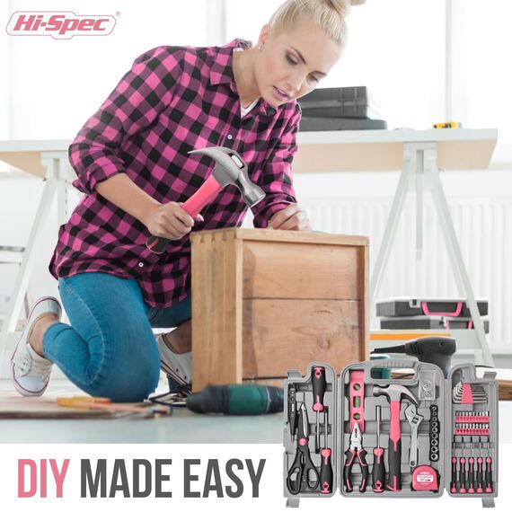 Hi-Spec 54-tlg. Werkzeugkoffer für Frauen Pink mit Klauenhammer, Präzisionschraubenzieher-Set, Nüssen und Bit Set. Handwerkzeug in Rosa für Projekte in Haushalt