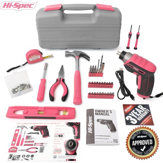 Hi-Spec 35-teiliges Pink-Rosa Heimwerker Werkzeug-set mit wiederaufladbarem USB-Akkuschrauber. Für Reparaturen und Wartungen in einem praktischen Werkzeugkoffer – Für Frauen und Mädchen