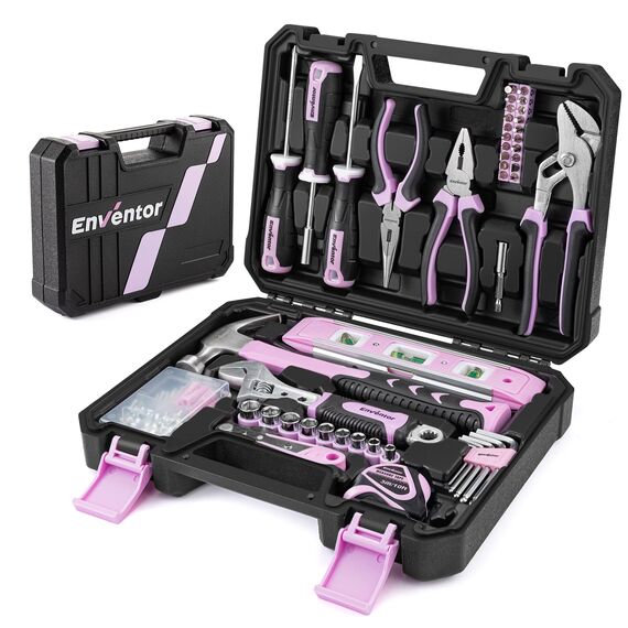 ENVENTOR Kleiner Werkzeugkoffer für Frauen, Haushalts Werkzeug-Set, Werkzeugkasten Rosa, Universal Komplett mit Werkzeuge Handwerkzeug, Werkzeugkiste Bestückt 158-tlg, für Haushalt DIY