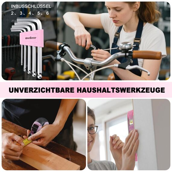 ENVENTOR Kleiner Werkzeugkoffer für Frauen, Haushalts Werkzeug-Set, Werkzeugkasten Rosa, Universal Komplett mit Werkzeuge Handwerkzeug, Werkzeugkiste Bestückt 158-tlg, für Haushalt DIY