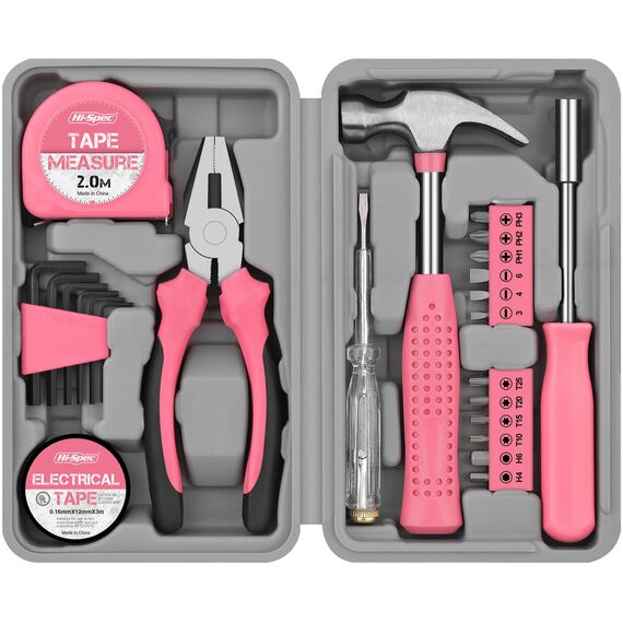 Hi-Spec 24-tlg. Kleiner Werkzeugkoffer für Frauen – Rosa-Mini-Werkzeug-Set mit Hammer und Schraubenzieher Set. Pinke Werkzeugbox ideal für WG-Zimmer und unterwegs