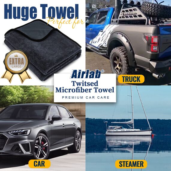 Airlab Mikrofaser Trockentuch XXL, Mikrofasertuch Auto Tuch 90x60 cm zum Trocknen, Saugstarkes Poliertuch Reinigungstuch für Autopflege, Fusselfrei & Kratzfrei, Schwarz