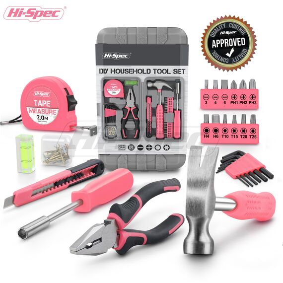 Hi-Spec Werkzeugset in Pink für Frauen - Komplettset für Heimwerkerinnen mit Hammer, Zange, Schraubendreher, Bits, Maßband und Wasserwaage - Ideal für Haushalt und Geschenk