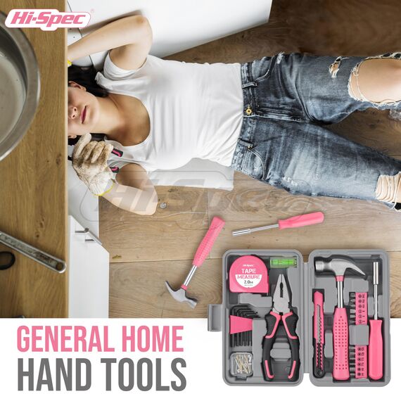 Hi-Spec Werkzeugset in Pink für Frauen - Komplettset für Heimwerkerinnen mit Hammer, Zange, Schraubendreher, Bits, Maßband und Wasserwaage - Ideal für Haushalt und Geschenk