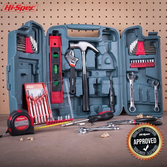 Hi-Spec 53-tlg. Werkzeugset für den Haushalt, gefüllter Werkzeugkoffer mit Hammer und Schraubenzieher-Set, Zange，Wasserwaage, Maulschlüssel und mehr in einem Werkzeugkasten sicher verstaut.