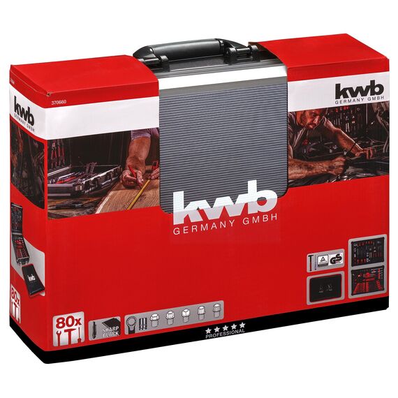kwb Werkzeugkoffer, 80-teilige Werkzeug-Set, aus robustem Aluminium, abschließbar, gepolstert mit Werkzeugeinlagen aus Schaumstoff, hochwertiger Werkzeugsatz, ideal für Werkstatt und unterwegs