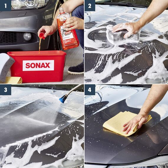 SONAX AutoShampoo Konzentrat (2 Liter) durchdringt und löst Schmutz gründlich, ohne Angreifen der Wachs-Schutzschicht | Art-Nr. 03145410