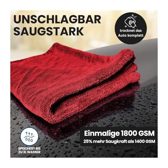 Ivality® Auto Trockentuch XXL 80x50 cm – 1800 GSM Ultra Saugstarke Mikrofasertücher für Autopflege und Motorrad, Fusselfreies, Lack-schonendes Twisted Towel Microfasertücher - Rot